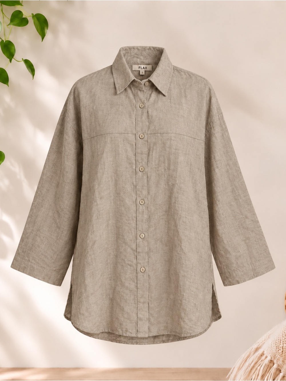 Flax 100% Linen Button-Front Shirt in Light Taupe